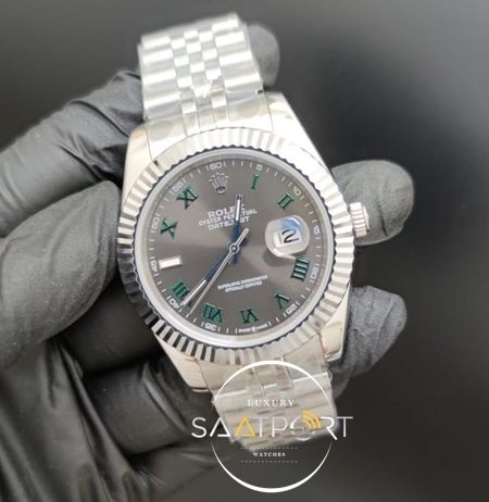 Rolex Saat Datejust Otomatik Yeşil Roma Rakamlı Gri Kadran Jubile Kordon