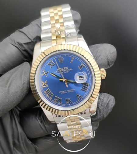 Rolex Saat Datejust Oyster Perpetual Roma Rakamlı Mavi Kadran Tırtıklı Bezel