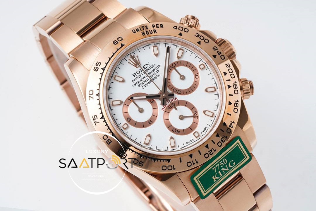 Rolex Daytona 116505 King Factory 40 mm Rose Kasa Beyaz Kadran Super Clone ETA