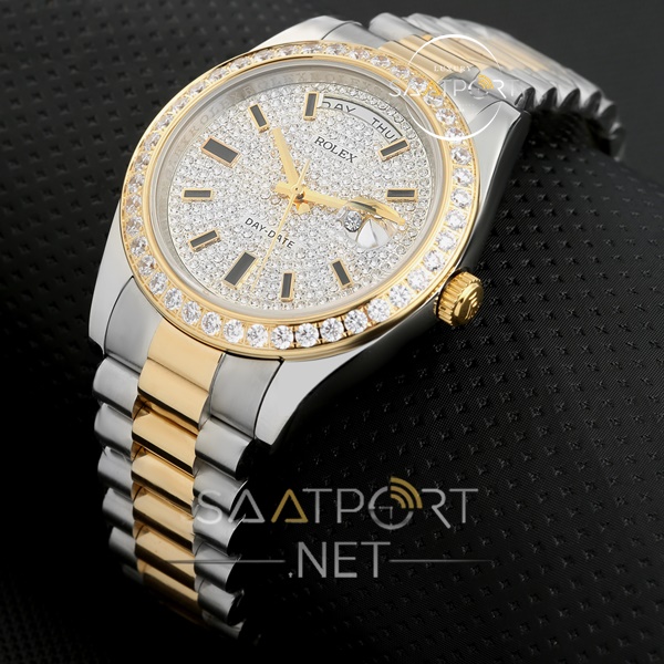 Rolex Day Date Two Tone Unisex Taşlı Saat Modeli