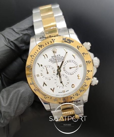 Rolex Saat Daytona Arapça Beyaz Kadran Gold Bezel Otomatik Mekanizma