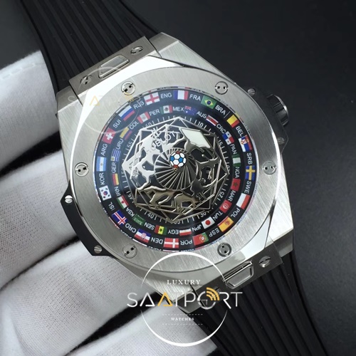 Hublot Big Bang Unico Sang Bleu SS HBF Flags Inner Bezel Skeleton Dial on Black Gummy Strap HUB1213