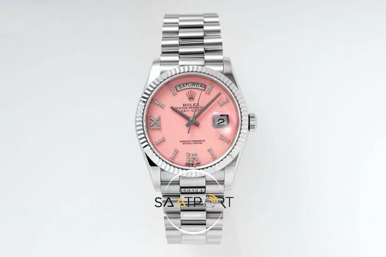 Rolex Day-Date 128236 904L Çelik 36mm Taşlı Pembe Kadran 3255 ETA