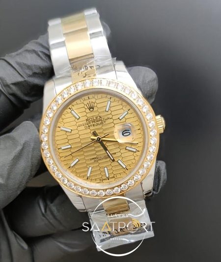 Rolex Saat Datejust 41mm Desenli Sarı Kadran Baget Taşlı Bezel