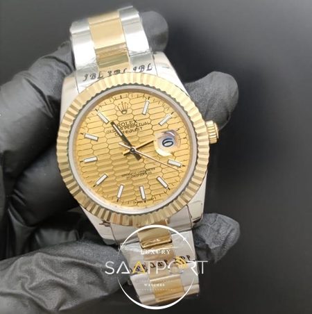 Rolex Saat Datejust Desenli Sarı Kadran Tırtıklı Bezel Çelik Gold Kordon