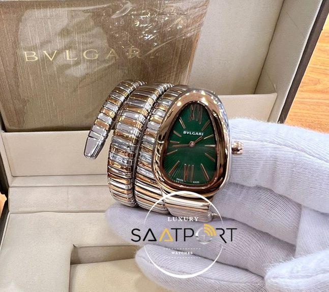 Bvlgari Yılan Serpenti Rose Gümüş Kordon Roma Rakamlı Yeşil Kadran