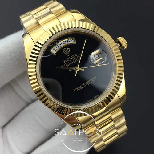 Rolex Day-Date 41 JWF YG Fluted Bezel Black Dial on YG Oyster Swiss Eta 2836