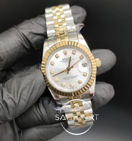 Rolex Datejust Taşlı Gri Kadran Tırtıklı Gold Bezel Jubile Kordon Otomatik Mekanizma