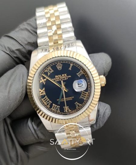 Rolex Saat Datejust Oyster Perpetual Roma Rakamlı Siyah Kadran Tırtıklı Bezel