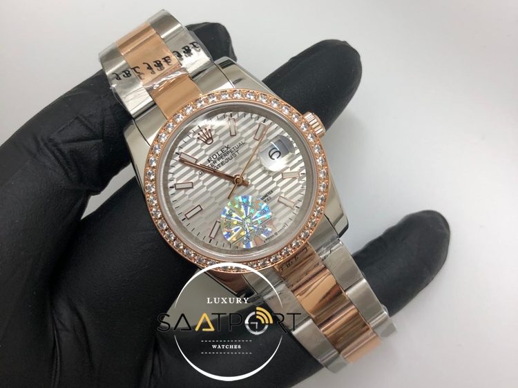 Rolex Saat Datejust Taşlı Rose Bezel Desenli Gri Kadran Oyster Rose Çelik Kordon