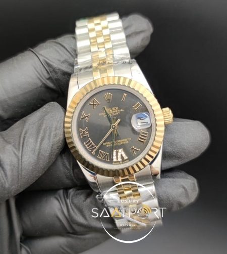 Rolex Datejust Roma Rakamlı Taşlı Siyah Kadran Tırtıklı Bezel Otomatik Mekanizma