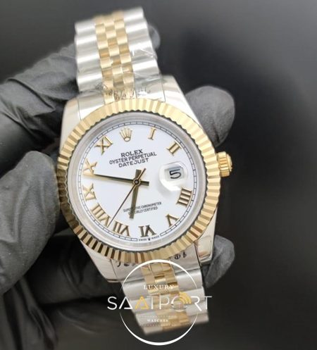 Rolex Saat Datejust Oyster Perpetual Roma Rakamlı Beyaz Kadran Tırtıklı Bezel