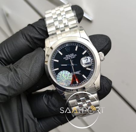 Rolex Saat DateJust Otomatik Mekanizma Siyah Kadran Düz Bezel Jubile Kordon