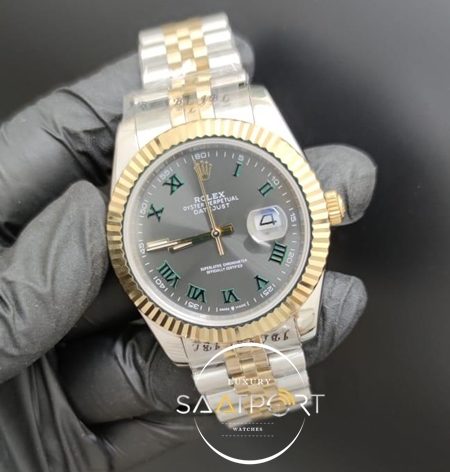 Rolex Saat Datejust Oyster Perpetual Roma Rakamlı Gri Kadran Tırtıklı Gold Bezel