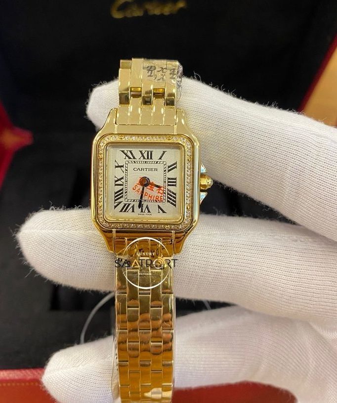 Cartier Panthere Taşlı Gold Bezel Roma Rakamlı Beyaz Kadran Çelik Kordon