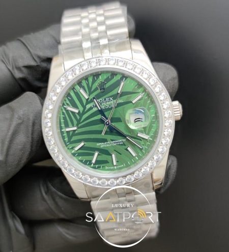 Rolex Saat Datejust Desenli Yeşil Kadran Taşlı Bezel Jubile Kordon