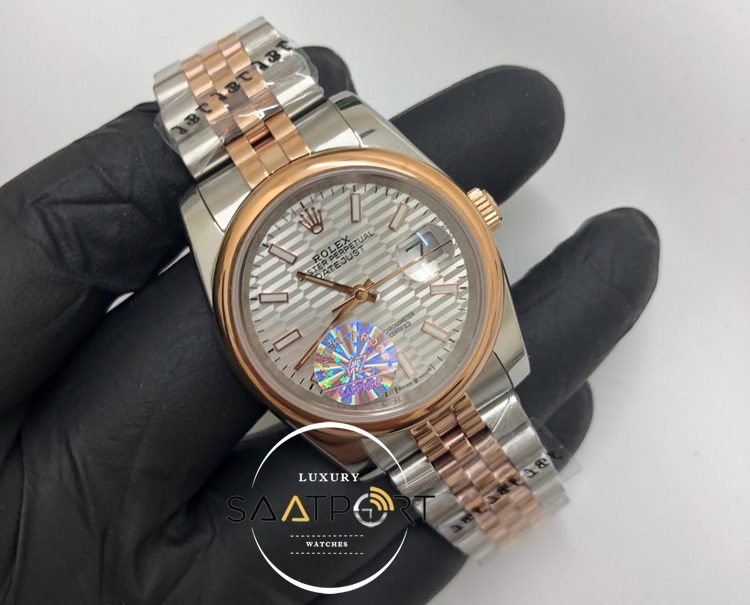 Rolex Saat Datejust Desenli Gri Kadran Düz Rose Bezel Jubile Kordon