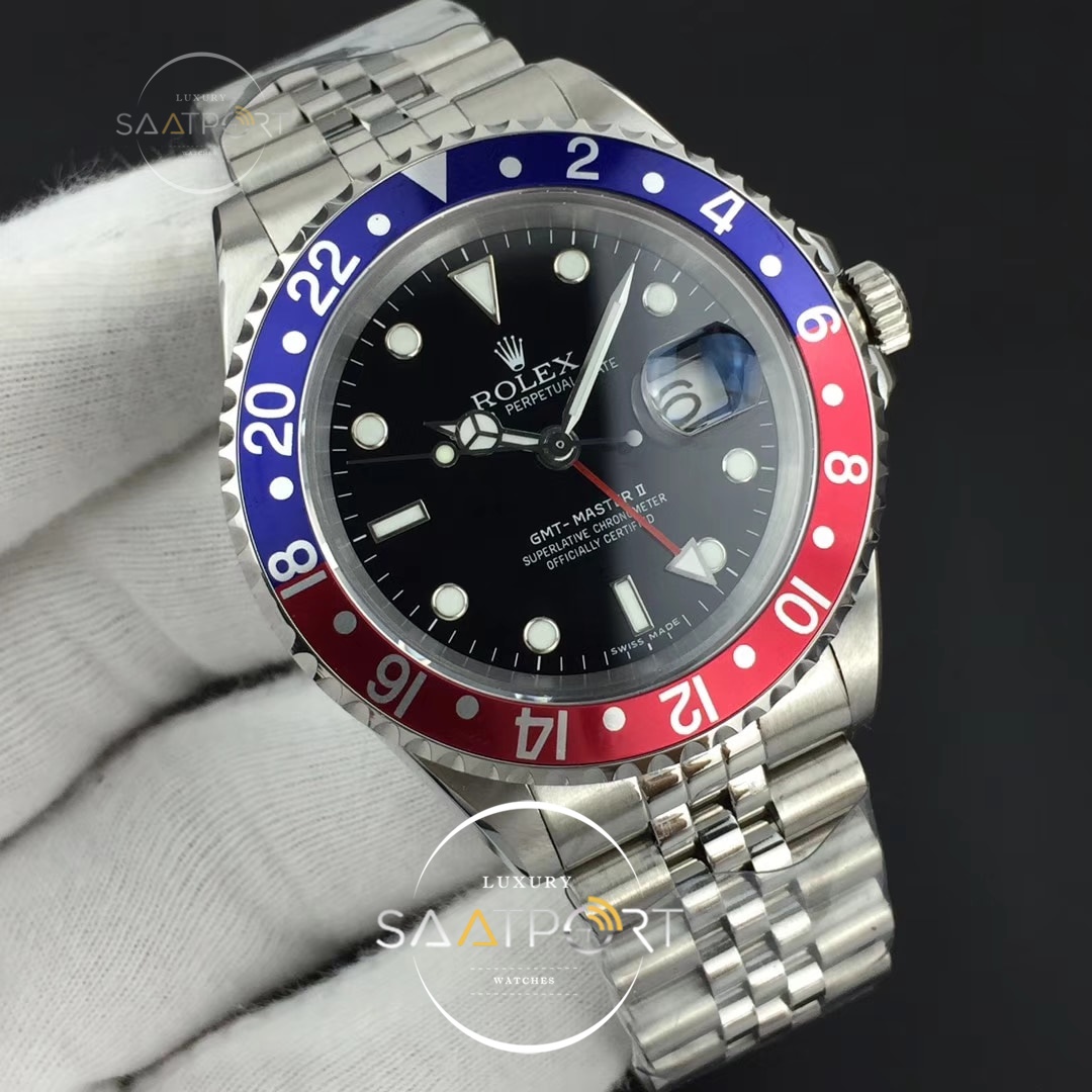 Rolex GMT-Master II Blue Red Bezel SS BP Maker Black Dial on SS Jubile 2836 ETA