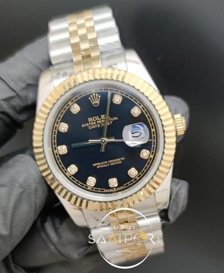 Rolex Saat Datejust Taşlı Siyah Kadran Otomatik Mekanizma Tırtıklı Gold Bezel