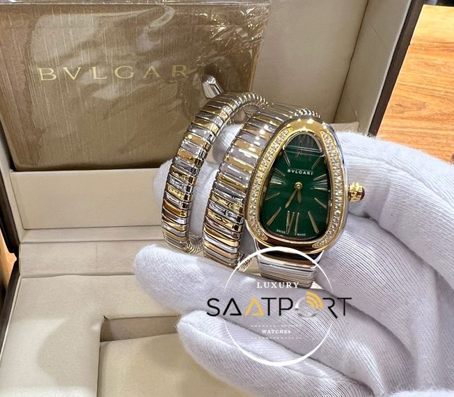 Bvlgari Serpenti Yılan Serisi Gold Gümüş Kordon Roma Rakamlı Yeşil Kadran