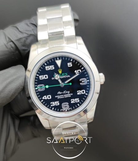 Rolex Saat Air King Oyster Perpetual Siyah Kadran Düz Çelik Bezel