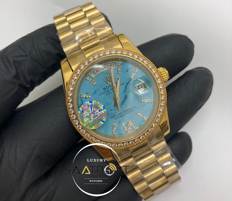 Rolex Saat Day Date Taşlı Gold Bezel Gold Kasa Roma Rakamlı Taşlı Turkuaz Kadran