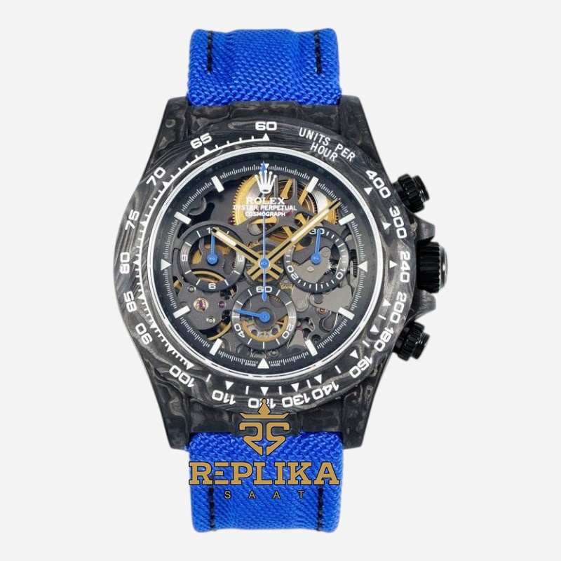 Rolex Daytona Carbon Fiber 40mm DiW Skeleton Dial Blue Strap 4130 ETA