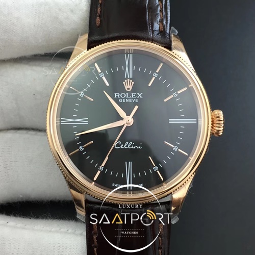 Rolex Cellini Time 50509 RG MKF Best Edition Black Dial Roman Marker on Brown Leather Strap A3132 V4