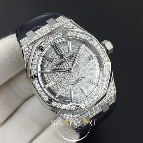 Royal Oak 37mm Full Paved Diamonds JF 1-1 Best Edition Diamonds Dial on Gray Leather Strap A3120