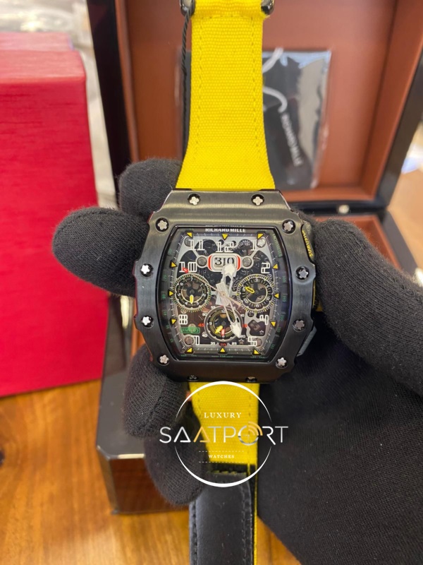 Richard Mille RM011-03 Çelik Kasa Sarı Bez Deri Kordon