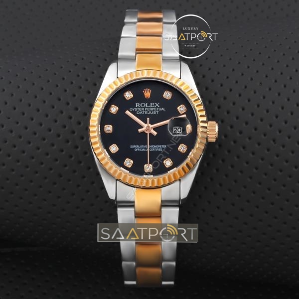 Replika Rolex Bayan Saat Taşlı Siyah kadran rose