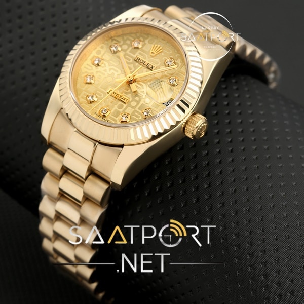 Rolex Bayan Saat Full Gold Kasa ve Taşlı Kadran