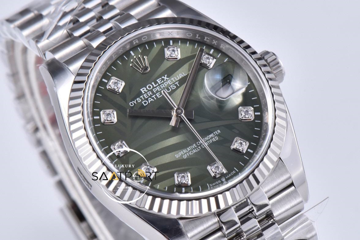 Rolex Datejust 36mm Clean Factory Palmiye Desenli Taşlı Yeşil Kadran