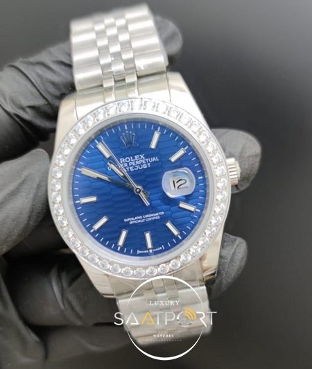 Rolex Saat Datejust Desenli Mavi Kadran Taşlı Bezel Çelik Jubile Kordon