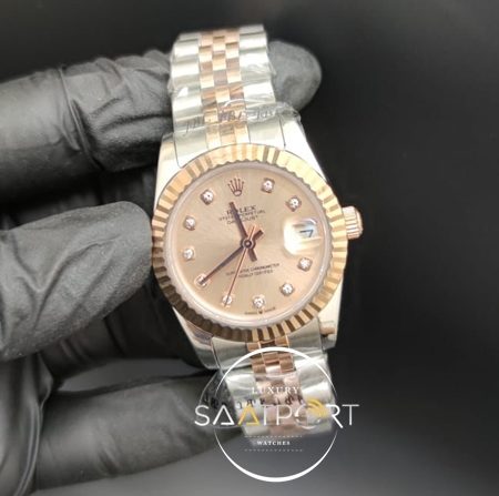 Rolex Datejust Taşlı Gül Kadran Tırtıklı Bezel Jubile Kordon Otomatik Mekanizma