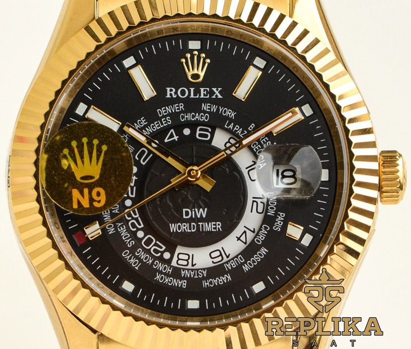 Rolex Sky-Dweller Gold Diw World Timer Black Dial 42mm Oyster Bracelet Super Clone ETA