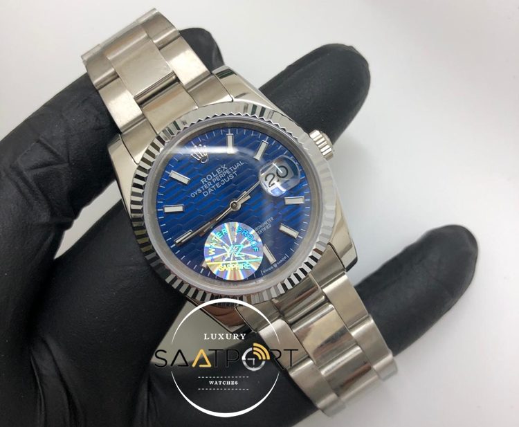 Rolex Saat Otomatik Datejust Tırtıklı Bezel Desenli Mavi Kadran Oyster Çelik Kordon