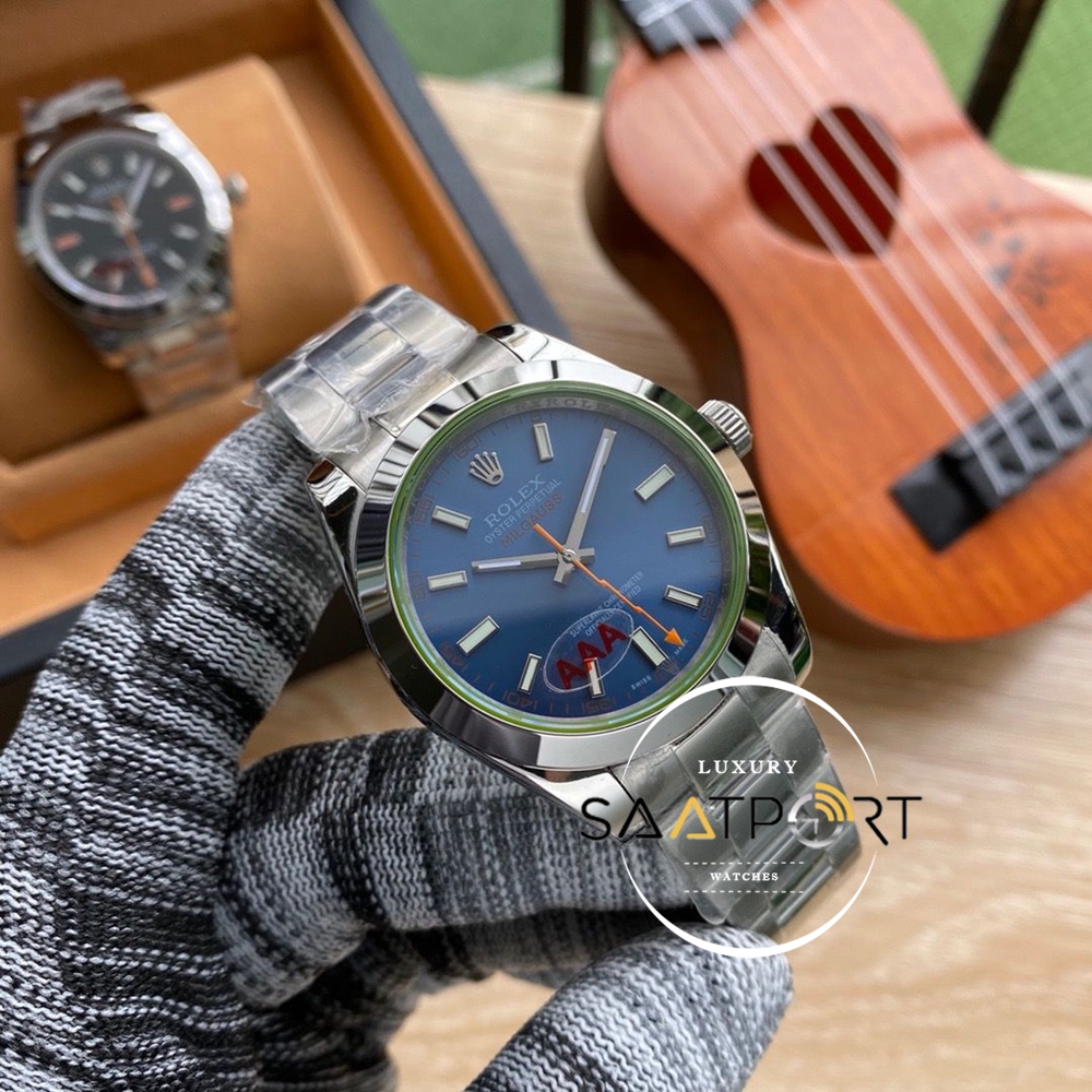 Rolex Milgauss 904L Çelik Kasa Mavi Kadran Düz Çelik Bezel Otomatik Mekanizma