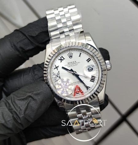 Rolex Saat DateJust Roma Rakamlı Taşlı Beyaz Kadran Jubile Kordon Tırtıklı Bezel