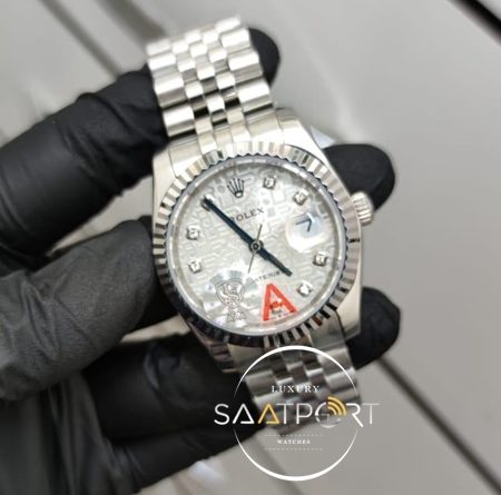 Rolex Saat DateJust Otomatik Mekanizma Desenli Taşlı Gri Kadran Jubile Kordon