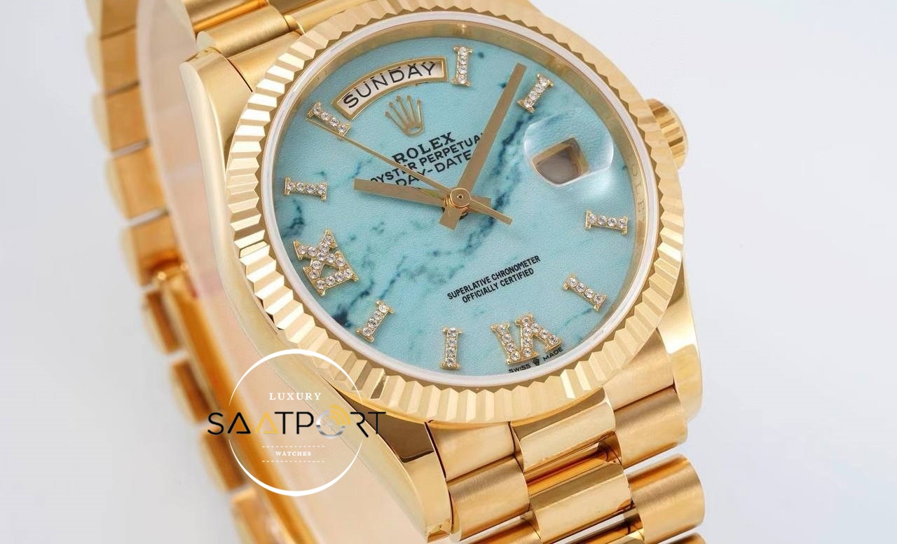 Rolex 128238 Day-Date Taşlı Roma Rakamlı Turkuaz Kadran 904L Gold 36mm 3255 ETA