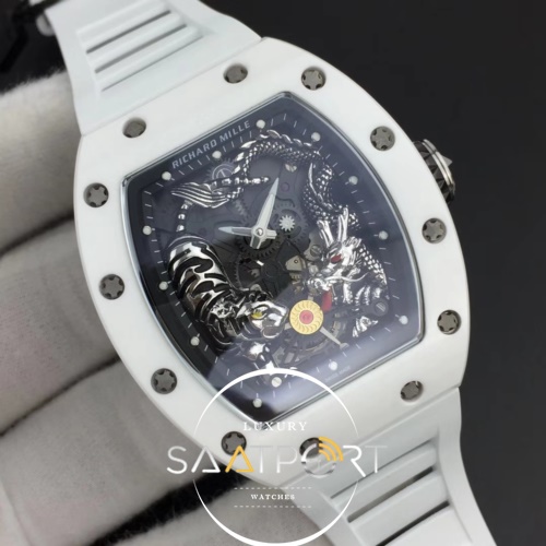 RM 51-01 White Ceramic Tiger & Dragon KVF Best Edition on White Rubber Strap