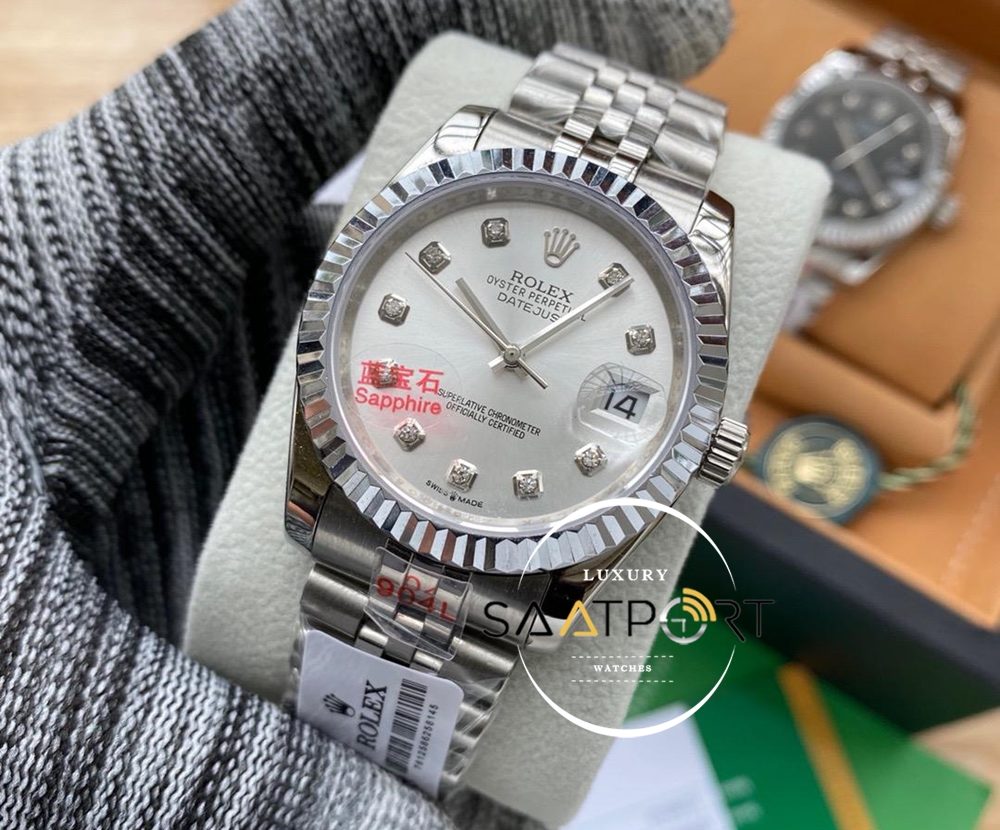 Rolex Saat Datejust Taşlı Gri Kadran Jubile Çelik Kordon Tırtıklı Bezel