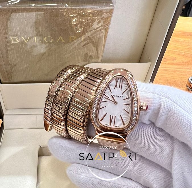 Bvlgari Serpenti Baget Taşlı Gold Kasa Roma Rakamlı Beyaz Kadran