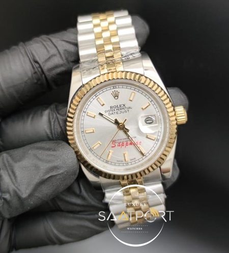 Rolex Datejust Tırtıklı Gold Bezel Gri Kadran Jubile Kordon Otomatik Mekanizma