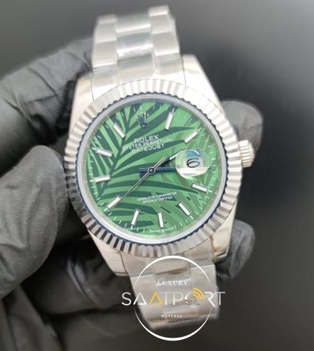 Rolex Saat Datejust 41mm Desenli Yeşil Kadran Tırtıklı Bezel Çelik Kasa