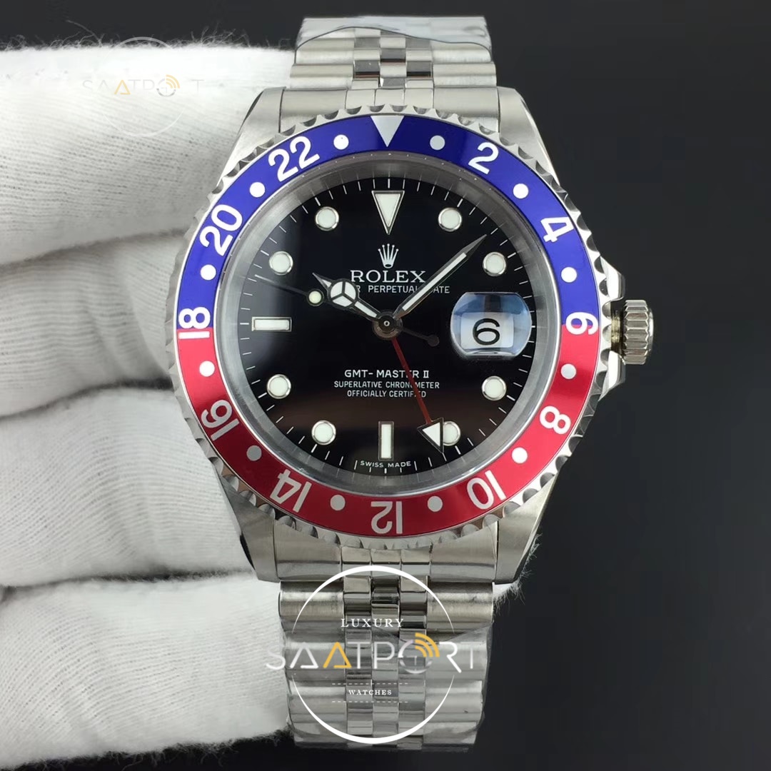 Rolex GMT-Master II Blue Red Bezel SS BP Maker Black Dial on SS Jubile 2836 ETA