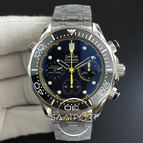 Omega Seamaster 300m Chrono Black Ceramic Bezel Black Dial Yellow Inner Bezel