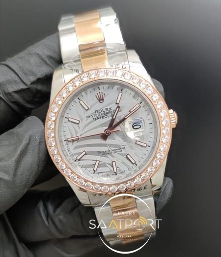 Rolex Saat Datejust Desenli Gri Kadran Taşlı Bezel Çelik Gold Kordon