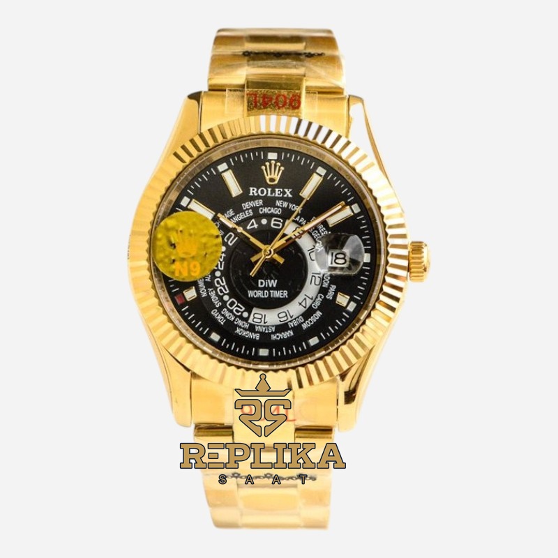 Rolex Sky-Dweller Gold Diw World Timer Black Dial 42mm Oyster Bracelet Super Clone ETA